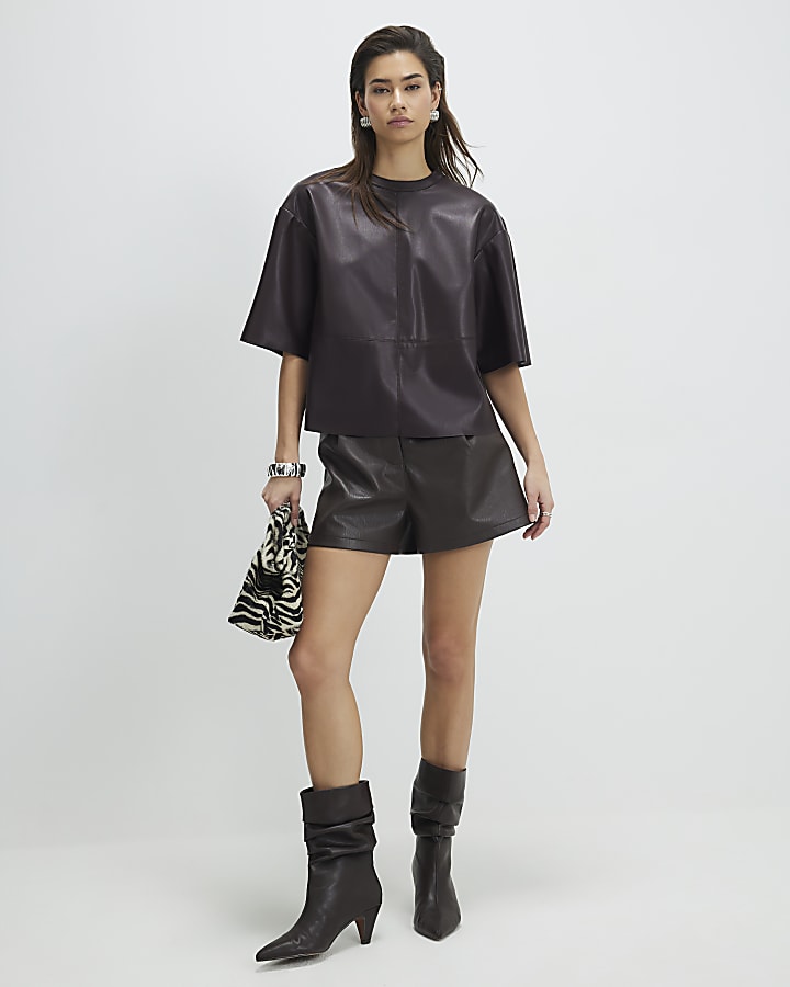 Red Faux Leather Seam Detail T-shirt