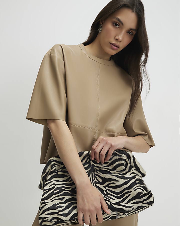 Beige Faux Leather Seam Detail T-shirt