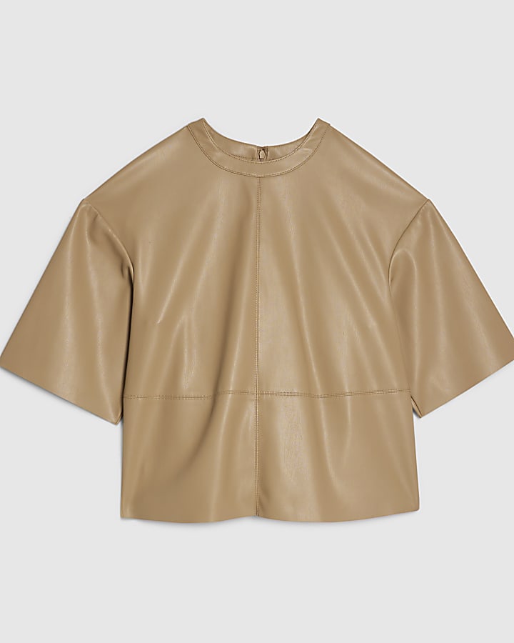 Beige Faux Leather Seam Detail T-shirt