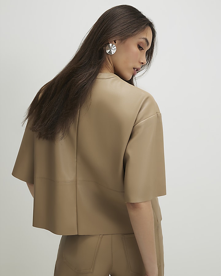 Beige Faux Leather Seam Detail T-shirt