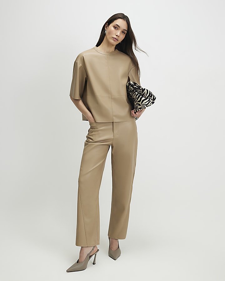 Beige Faux Leather Seam Detail T-shirt
