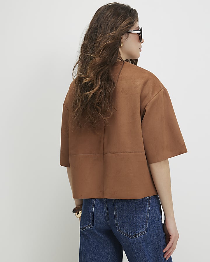 Brown Faux Suede Seam Detail T-Shirt