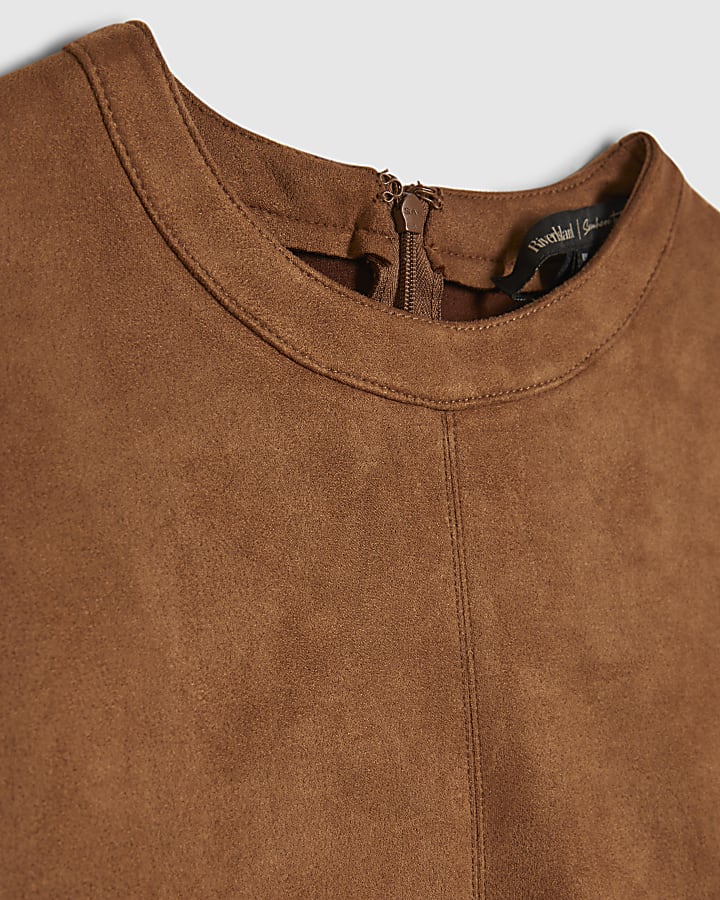 Brown Faux Suede Seam Detail T-Shirt