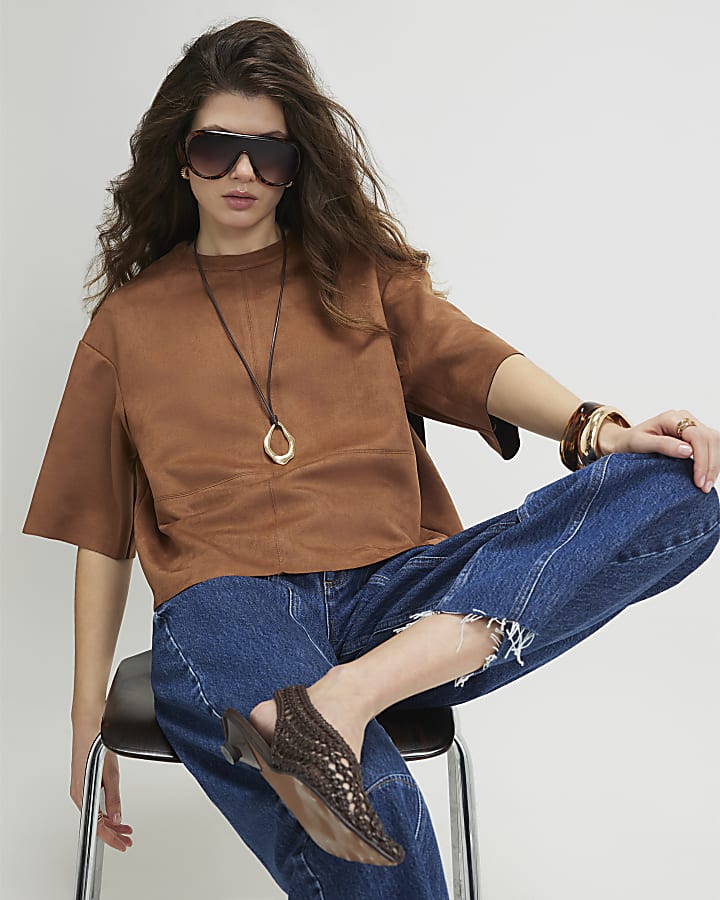Brown Faux Suede Seam Detail T-Shirt