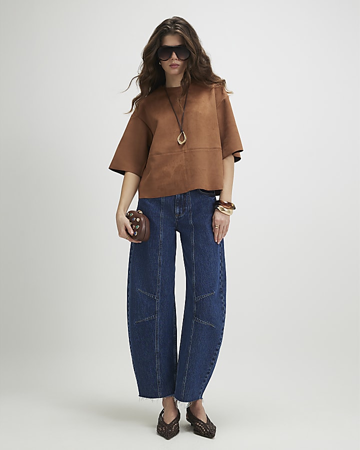 Brown Faux Suede Seam Detail T-Shirt