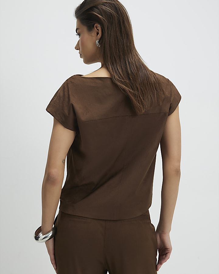 Brown Faux Suede Cowl Neck Top