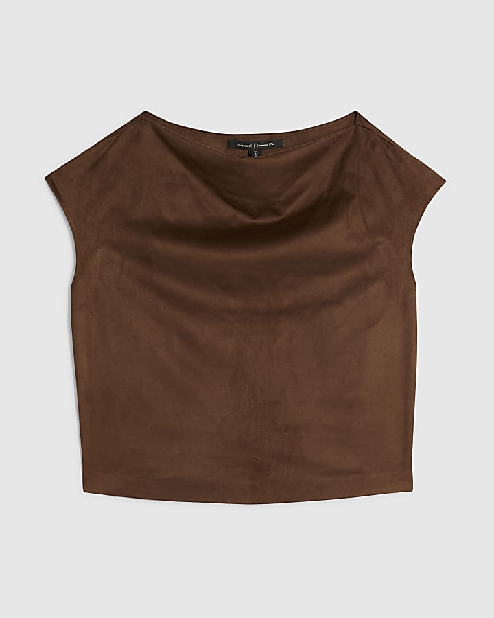 Brown Faux Suede Cowl Neck Top