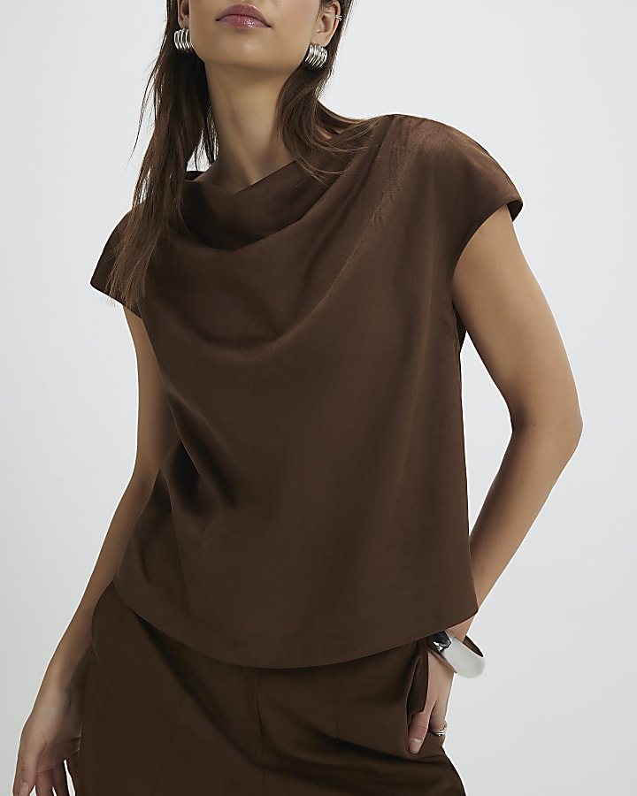 Brown Faux Suede Cowl Neck Top