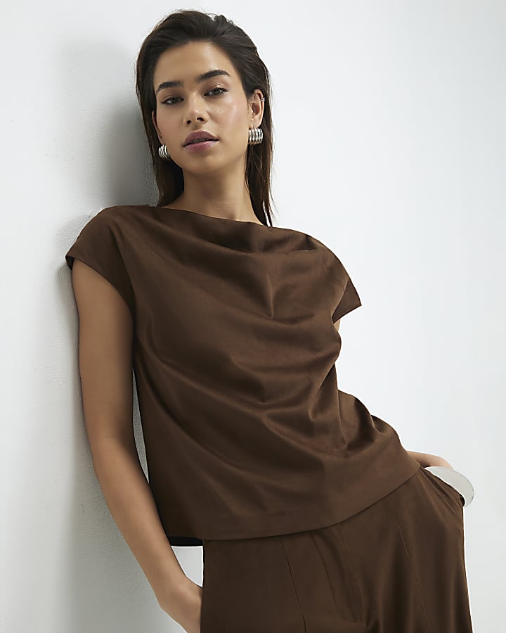 Brown Faux Suede Cowl Neck Top