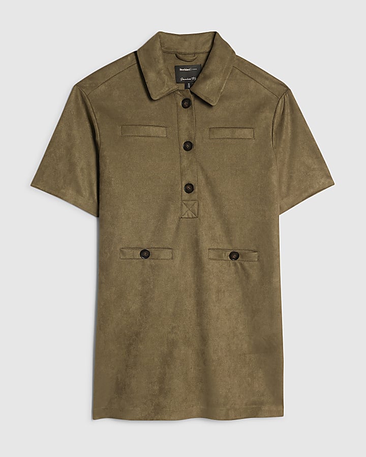 Khaki Faux Suede Short Sleeve Shirt Dress