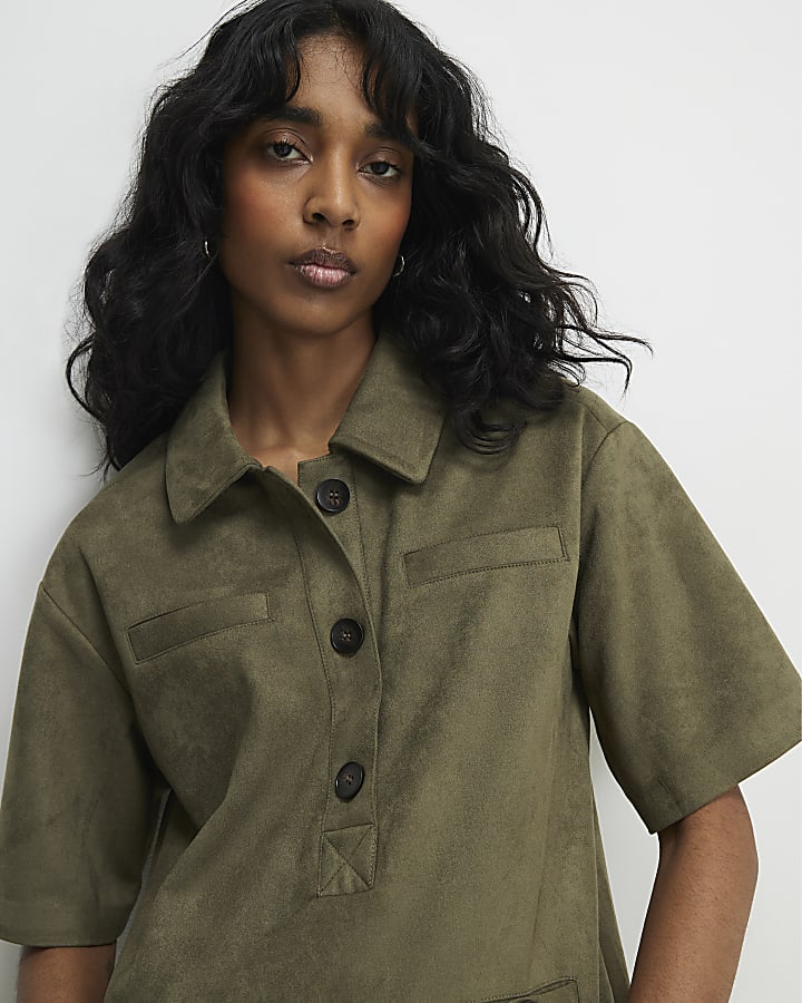 Khaki Faux Suede Short Sleeve Shirt Dress