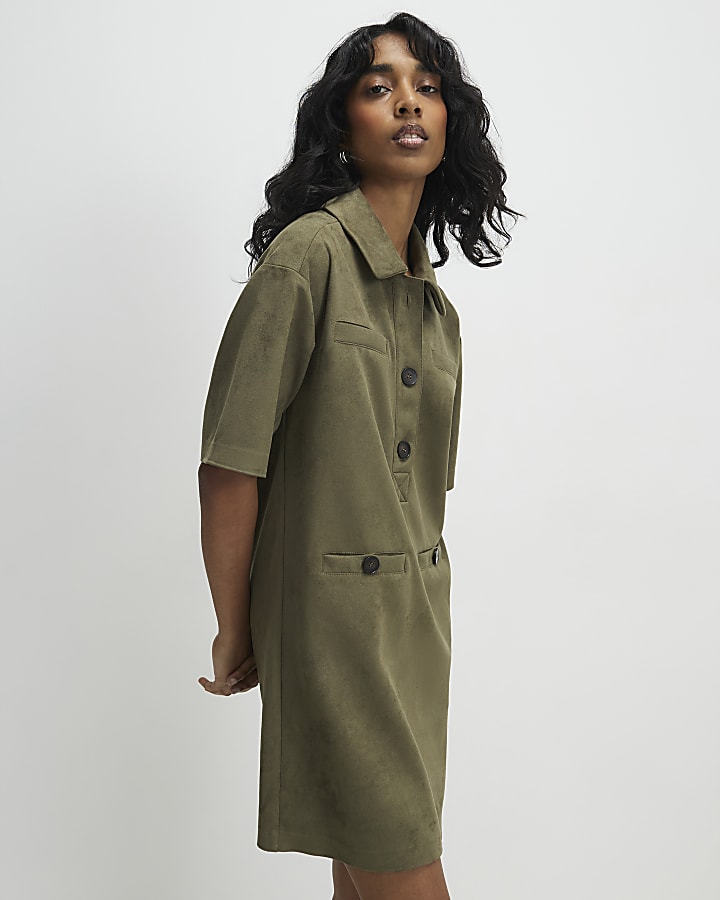 Khaki Faux Suede Short Sleeve Shirt Dress