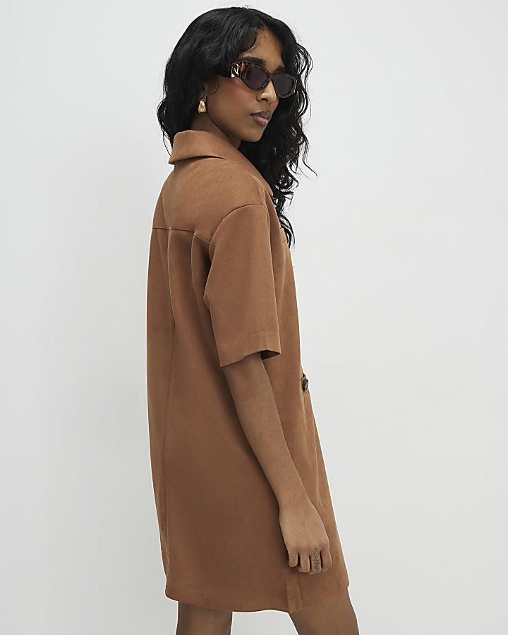 Brown Faux Suede Short Sleeve Shirt Dress
