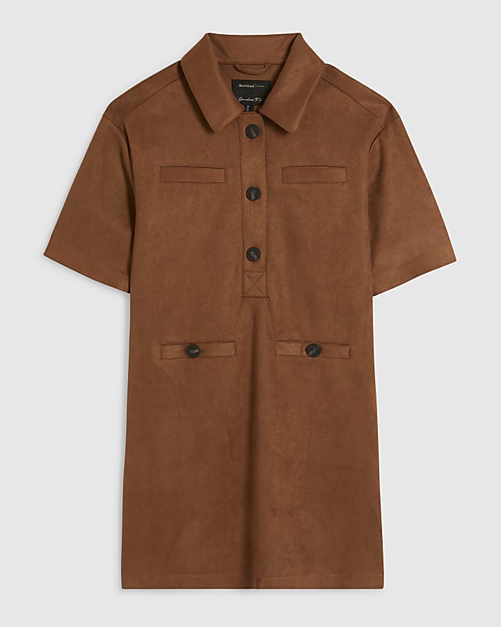 Brown Faux Suede Short Sleeve Shirt Dress