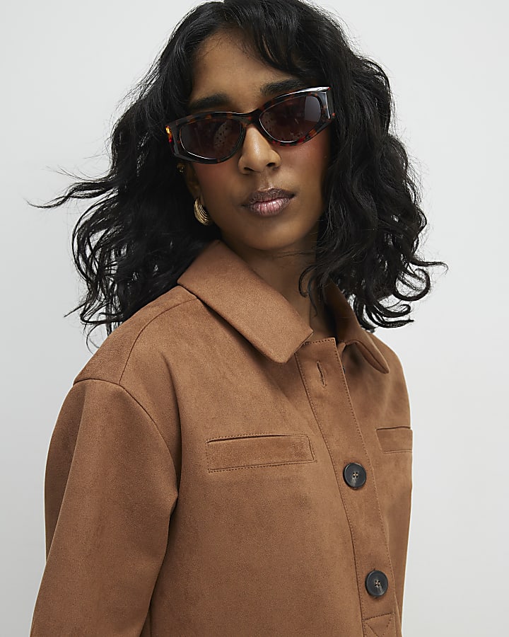 Brown Faux Suede Short Sleeve Shirt Dress