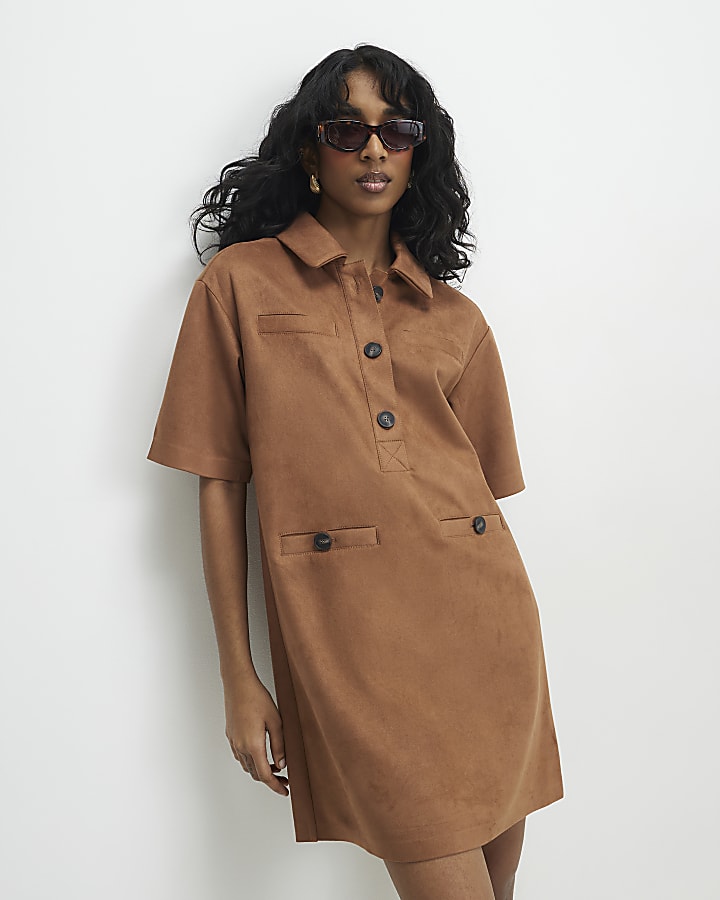 Brown Faux Suede Short Sleeve Shirt Dress