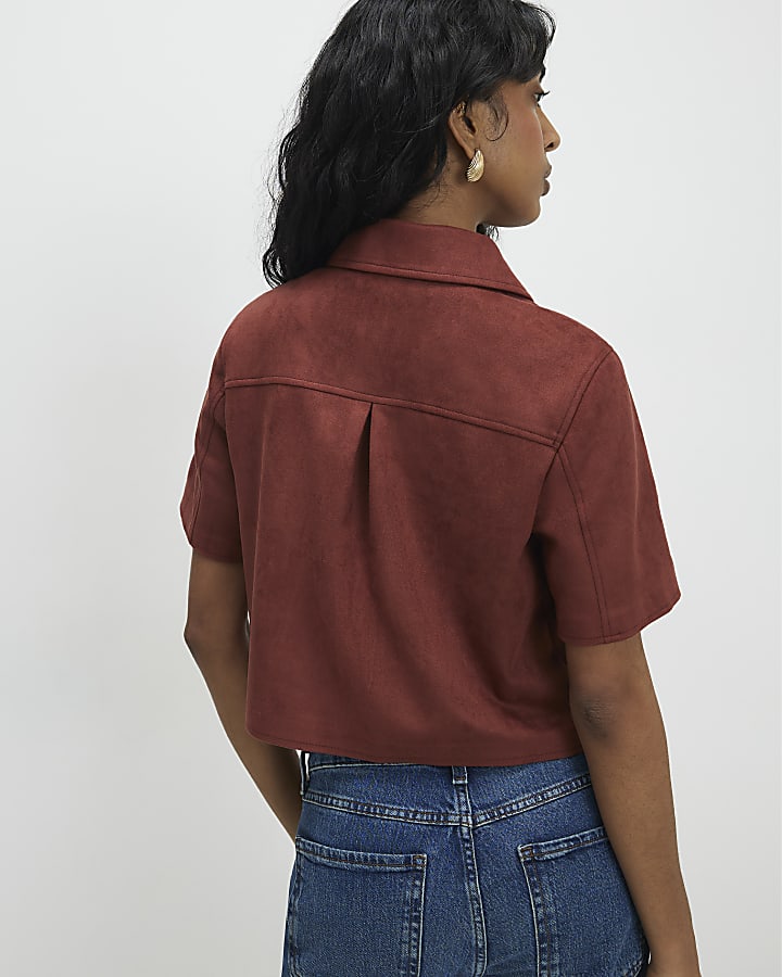 Brown Faux Suede Pocket Detail Shirt