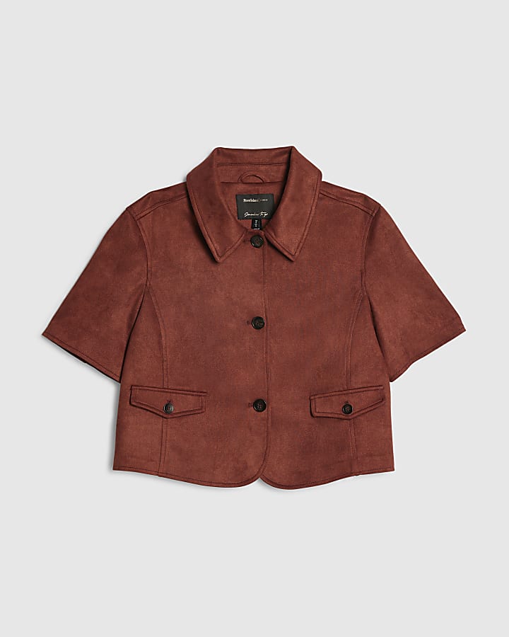 Brown Faux Suede Pocket Detail Shirt