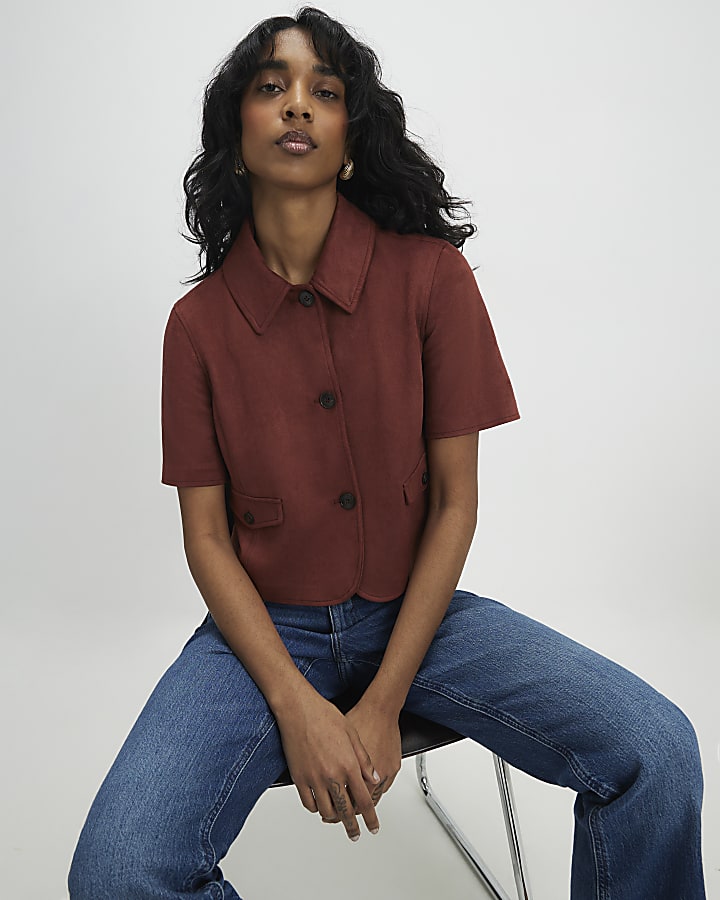 Brown Faux Suede Pocket Detail Shirt