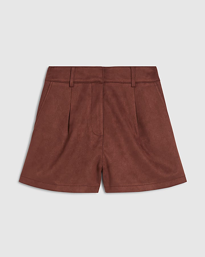 Brown Faux Suede Pleated Shorts