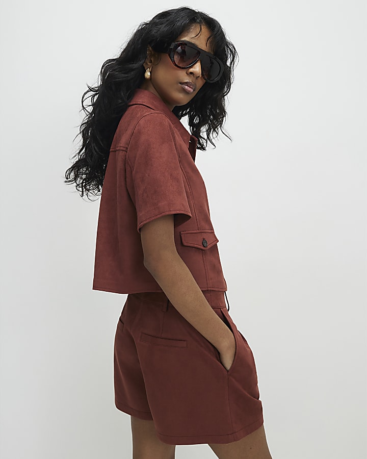 Brown Faux Suede Pleated Shorts