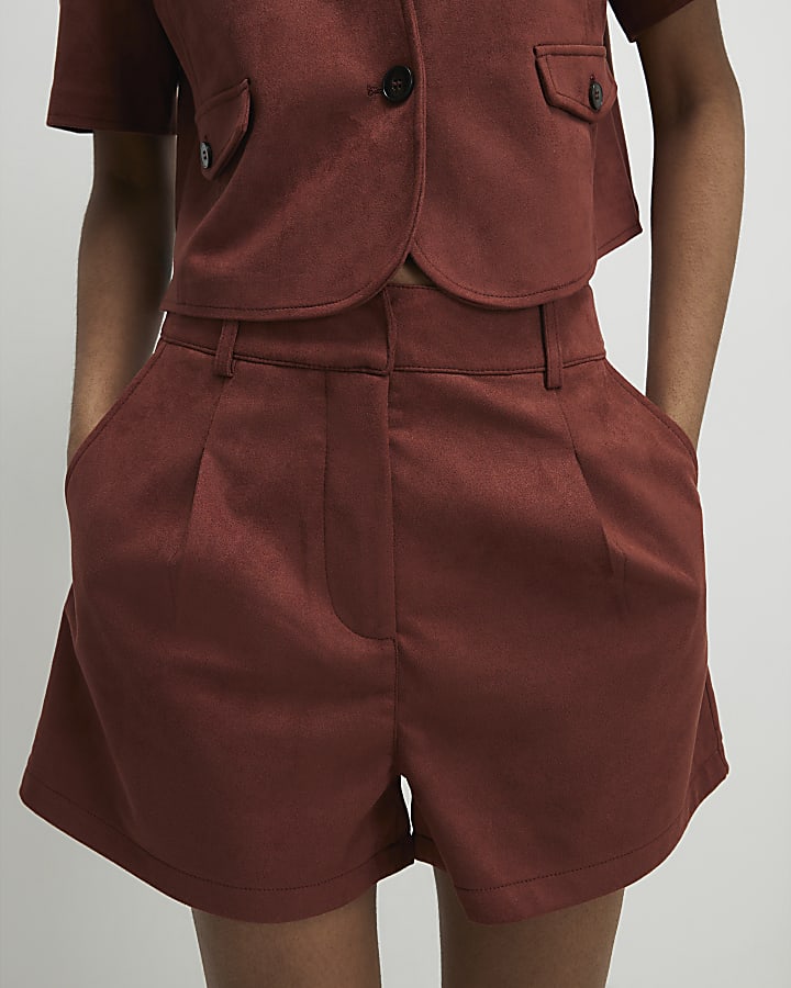 Brown Faux Suede Pleated Shorts