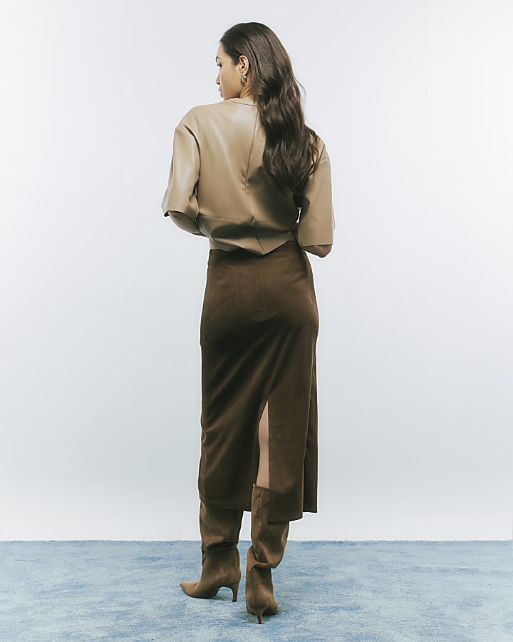 Brown Faux Suede Wrap Midi Skirt