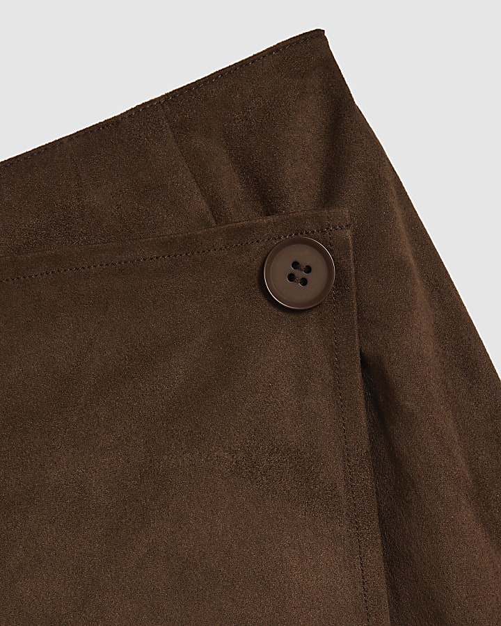 Brown Faux Suede Wrap Midi Skirt