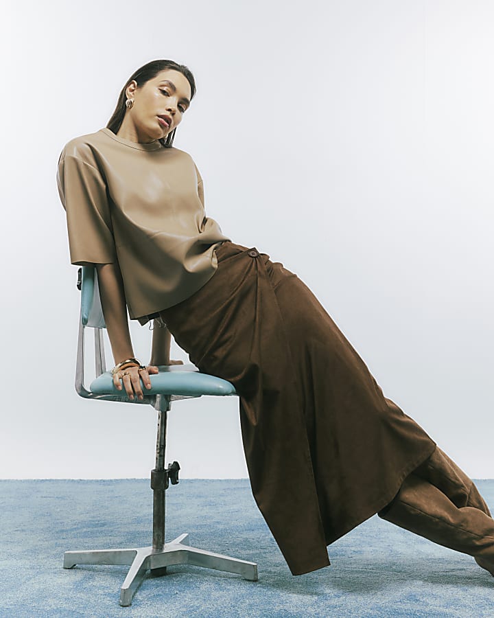 Brown Faux Suede Wrap Midi Skirt