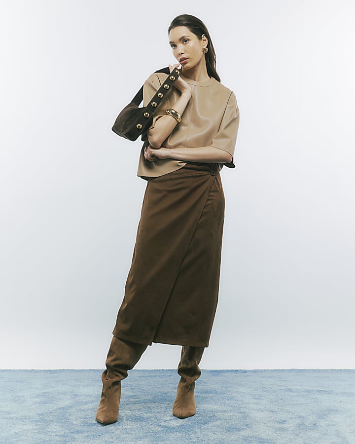 Brown Faux Suede Wrap Midi Skirt