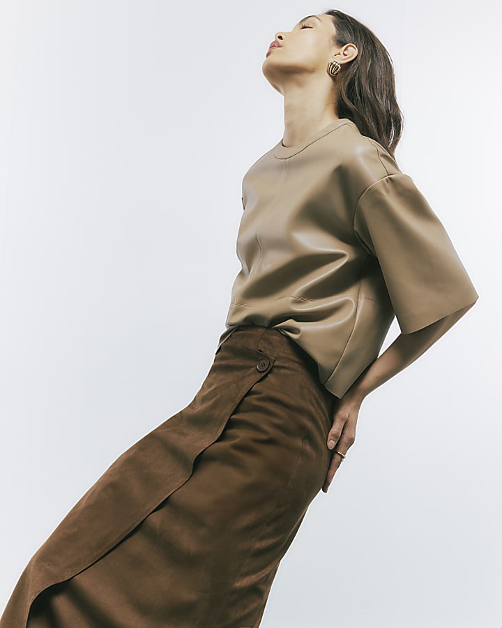 Brown Faux Suede Wrap Midi Skirt