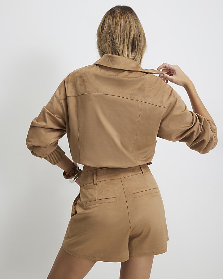 Beige Faux Suede Croc Pocket Shorts