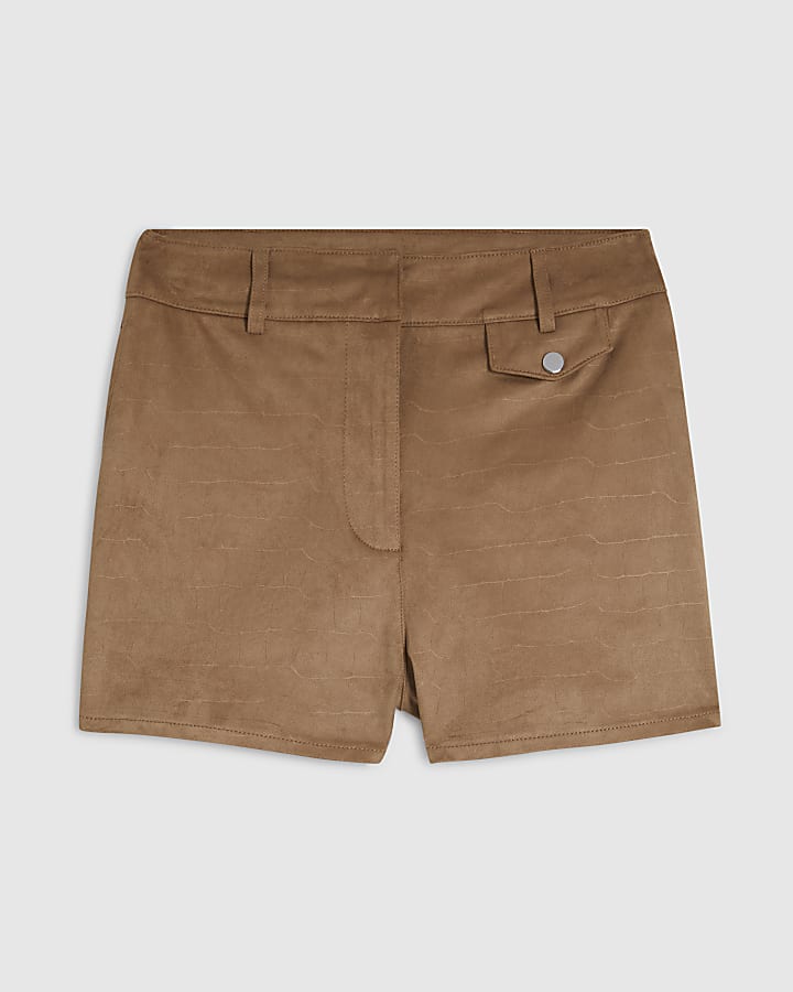 Beige Faux Suede Croc Pocket Shorts
