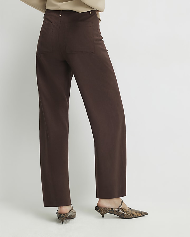 Brown Faux Suede Cropped Seam Front Trousers