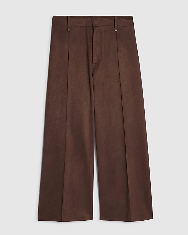 Brown Faux Suede Cropped Seam Front Trousers