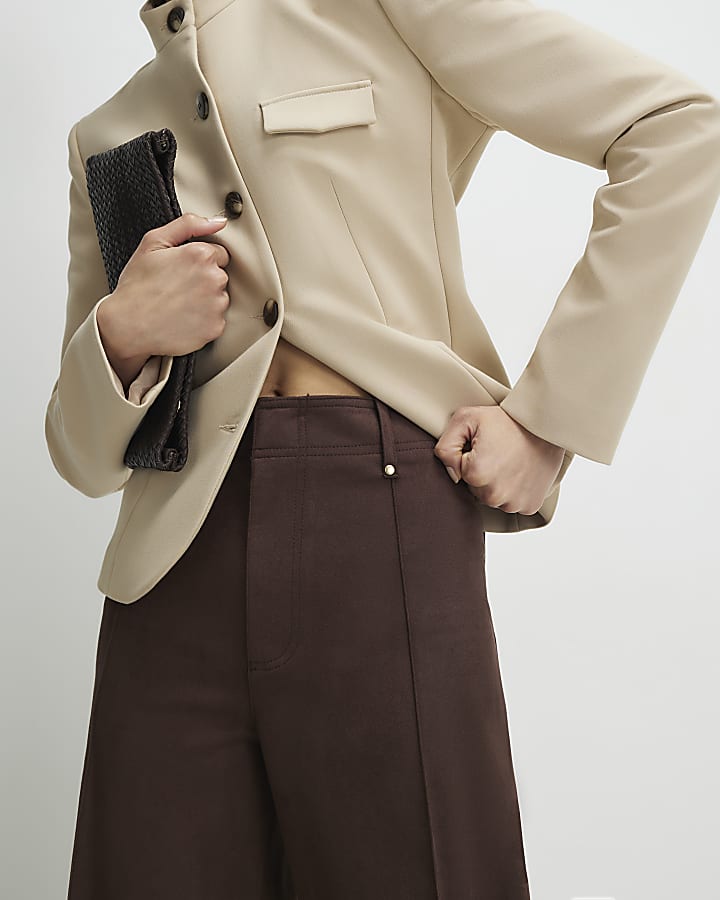Brown Faux Suede Cropped Seam Front Trousers
