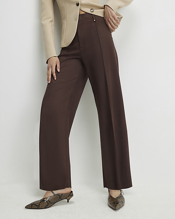 Brown Faux Suede Cropped Seam Front Trousers