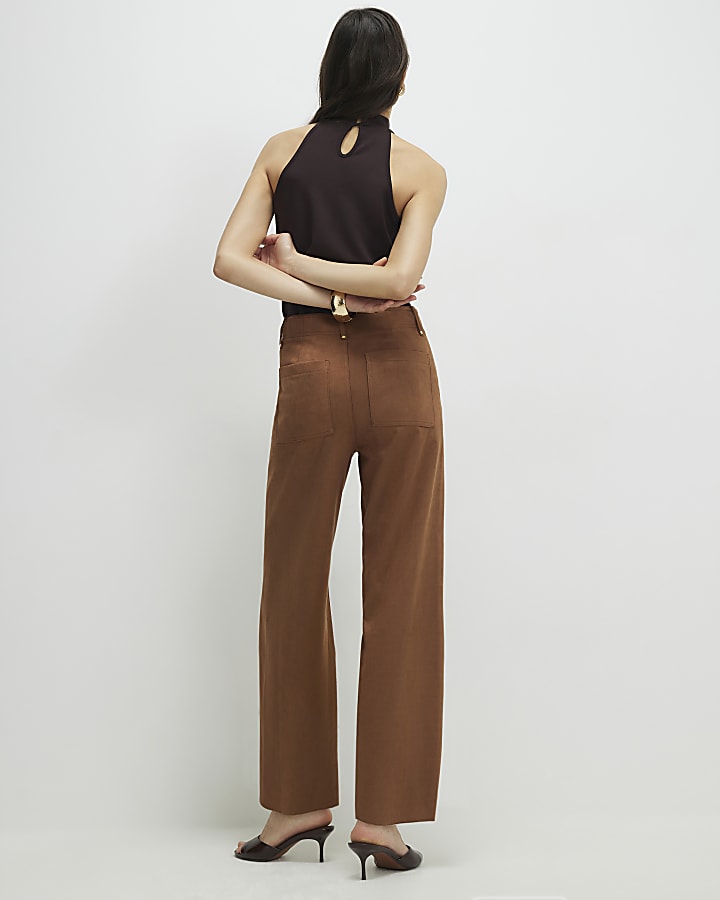 Brown Faux Suede Cropped Seam Front Trousers