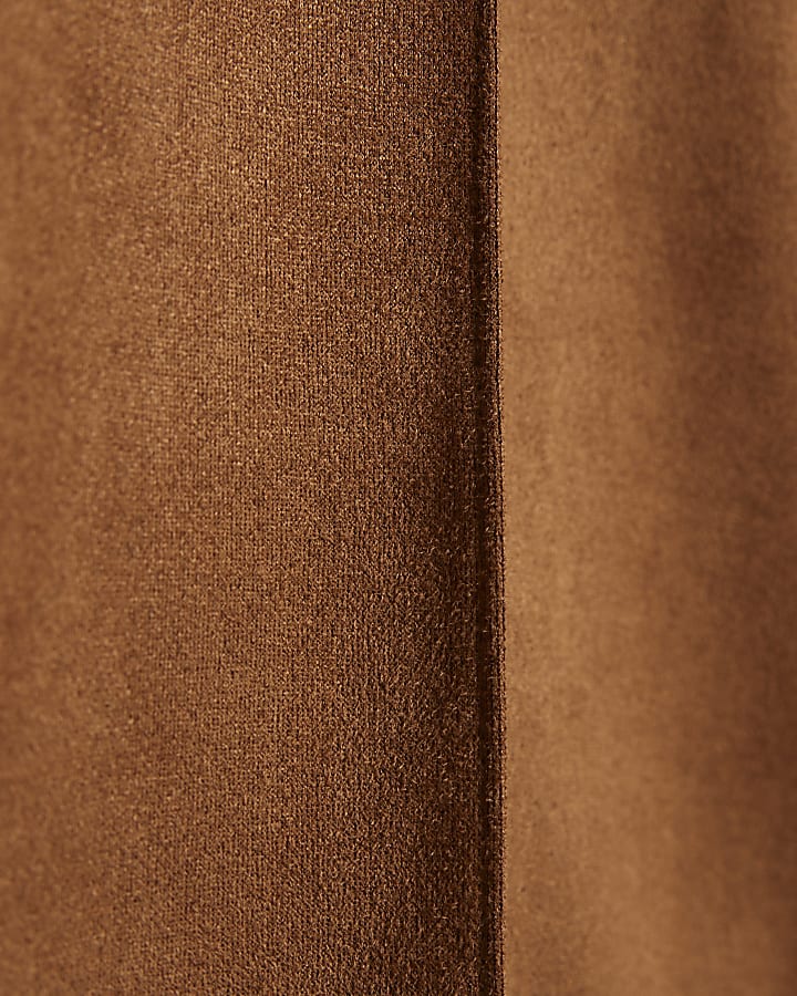 Brown Faux Suede Cropped Seam Front Trousers