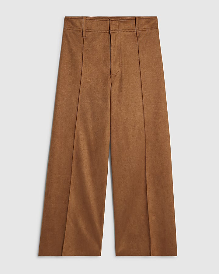 Brown Faux Suede Cropped Seam Front Trousers