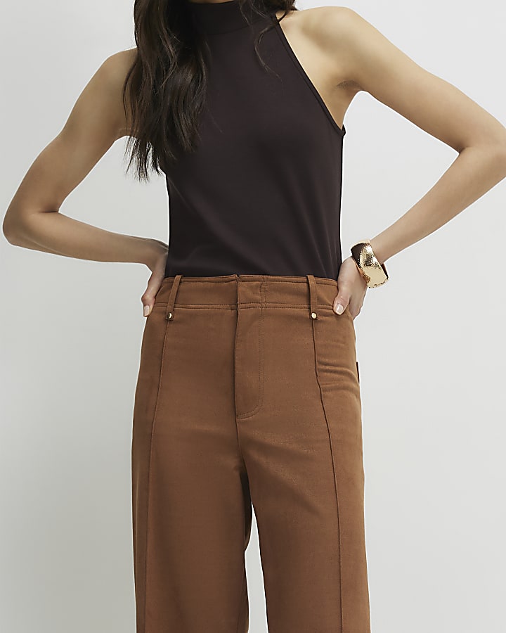 Brown Faux Suede Cropped Seam Front Trousers