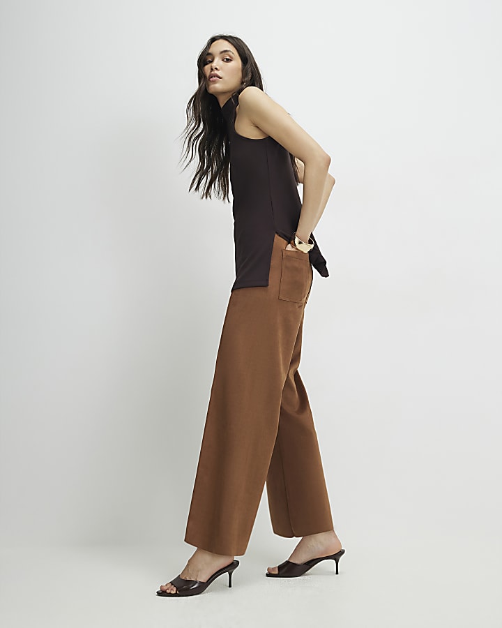 Brown Faux Suede Cropped Seam Front Trousers