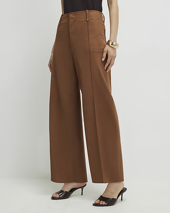 Brown Faux Suede Cropped Seam Front Trousers