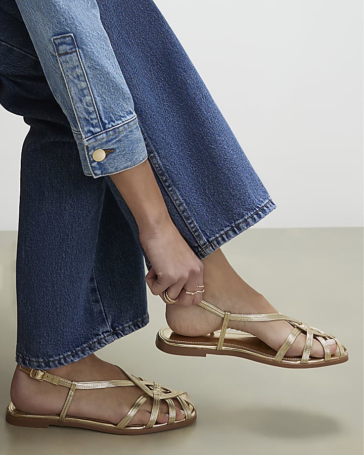 Gold Wide Fit Caged Flat Sandals
