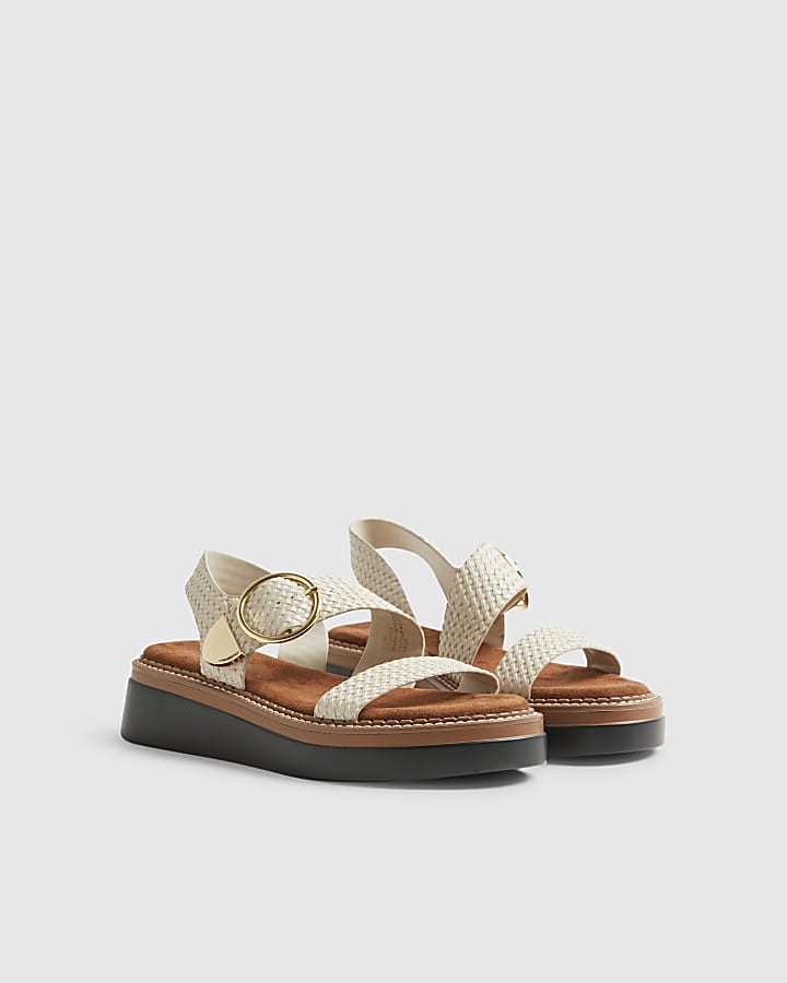 Cream Two Part Ring Buckle Flatform Sandals