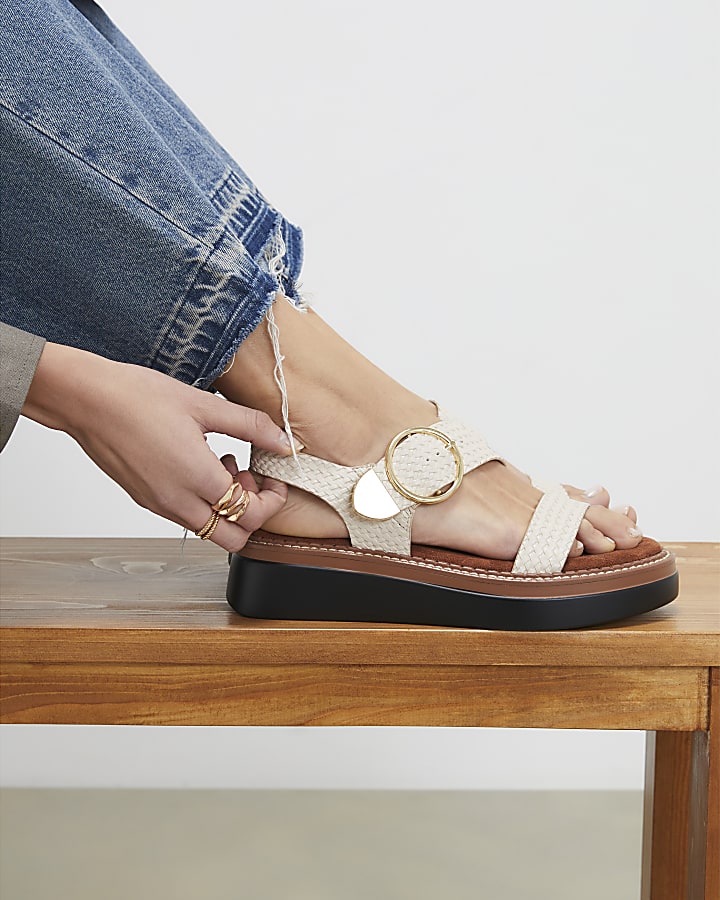 Cream Two Part Ring Buckle Flatform Sandals