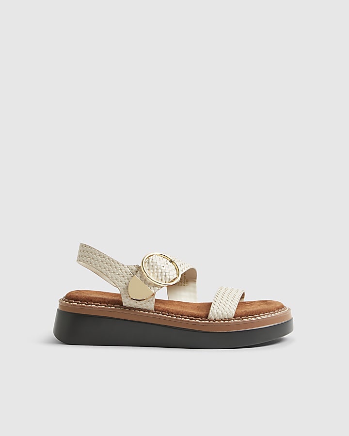 Cream Two Part Ring Buckle Flatform Sandals