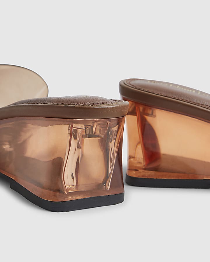 Brown Perspex Mule Wedge Sandals