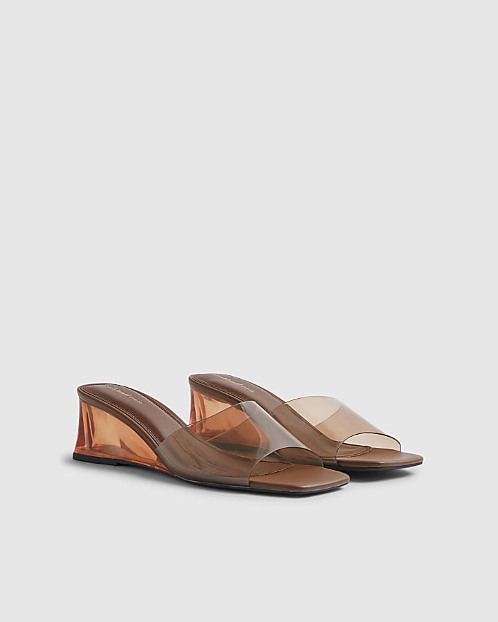 Brown Perspex Mule Wedge Sandals