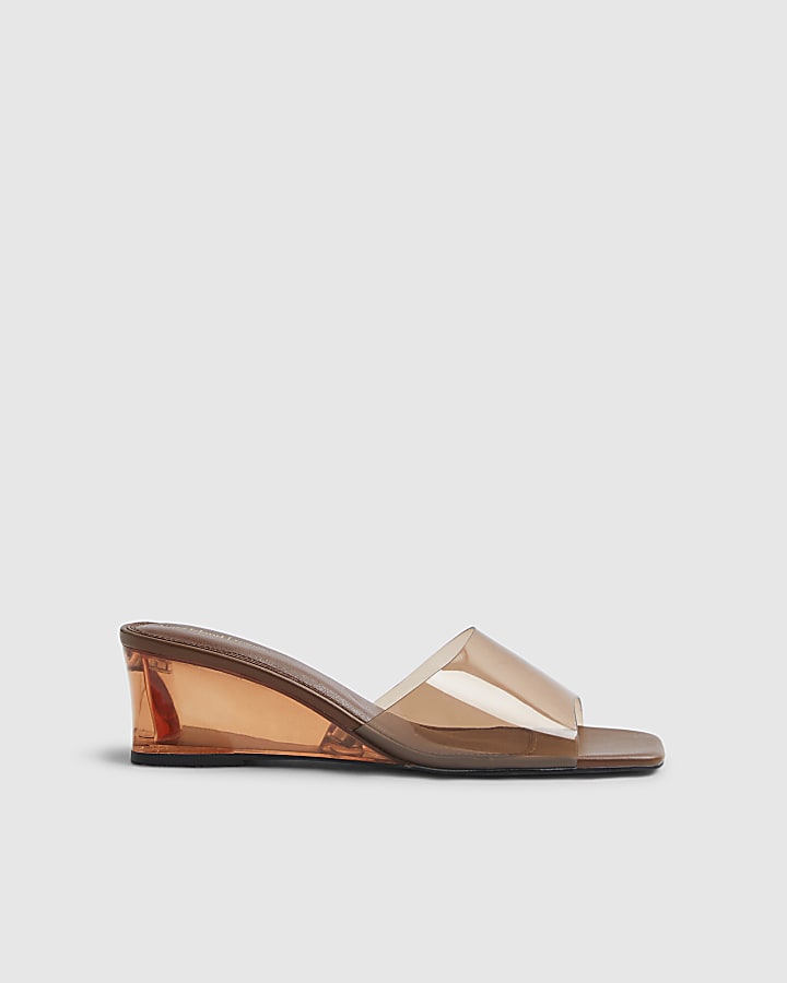Brown Perspex Mule Wedge Sandals